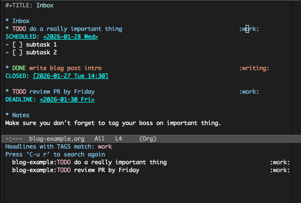 Example org file in org mode agenda view in Emacs