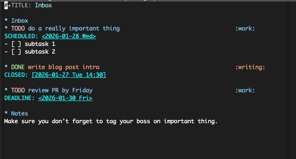 Example org file in org mode agenda view in Emacs